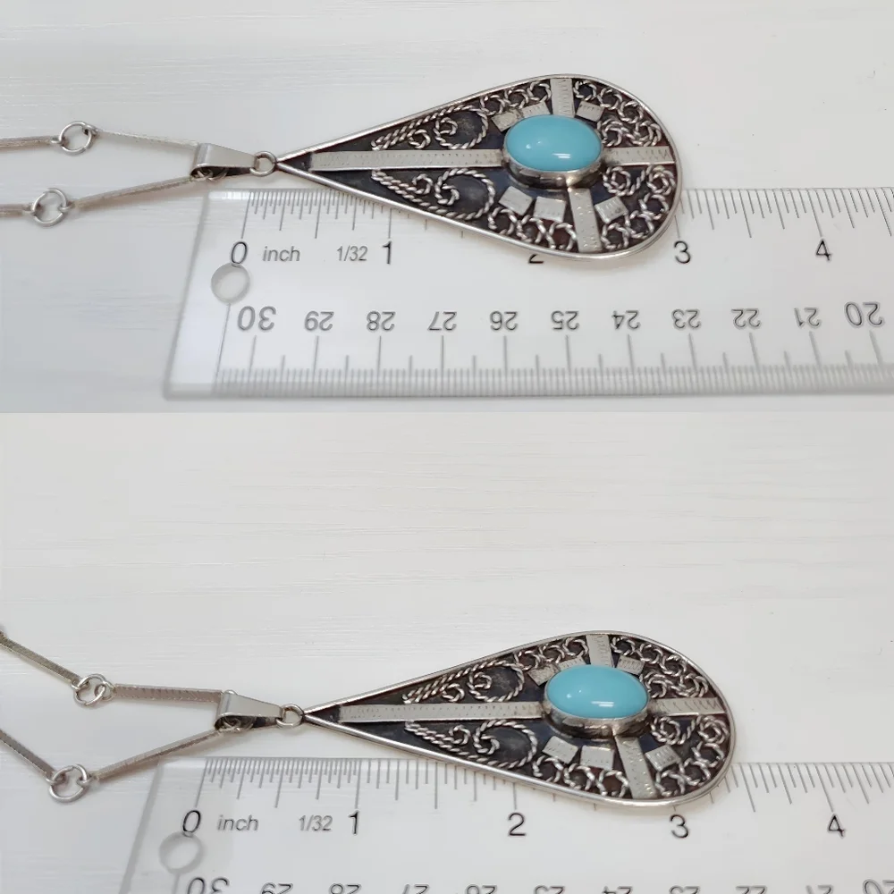 Vintage MEXICO Sterling Silver REYGO Turquoise Tear Drop Pendant Necklace 23.5" - Picture 8 of 12